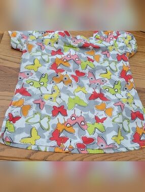 koi Pink, Red, Lime-Green Butterfly Print Scrub Top